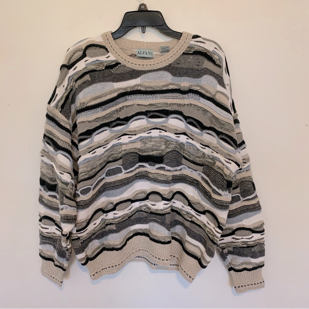 Alfani Tan and Gray Crewneck Sweater with Artistic Stripes